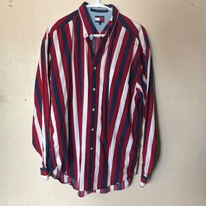 Tommy Hilfiger Red and Blue Striped Men's Shirt vintage